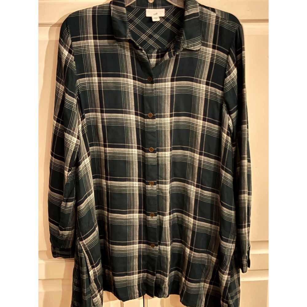 J. Jill Womens Green Navy Blue Plaid Rayon Button Down Tunic Shirt Size Medium